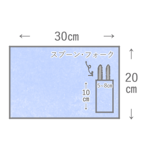給食ふきんの見本です。横30㎝、縦20㎝の大きさで、右側に横5～8㎝、縦10㎝のポケットをつけます。スプーンとフォークを入れる用のポケットです。